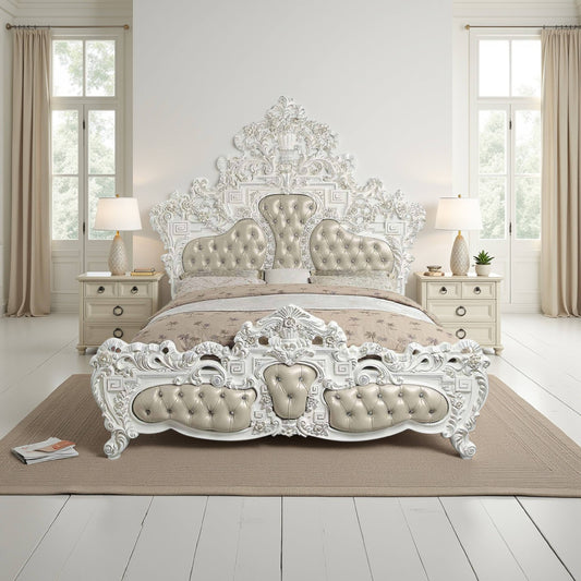Kin King Size Bed, Ornate Vintage White,