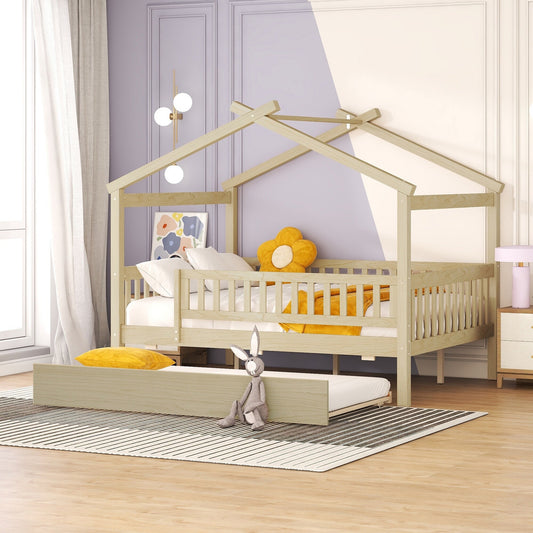 Polished Full Size Wooden House-Shaped Bed with Twin Size Trundle and Safety Guardrail for Kids